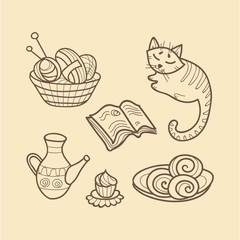 illustration of isolated coffee set or tea set and cup cake