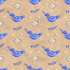 Seamless spring watercolor pattern. Craft paper inspired design. Easter design.