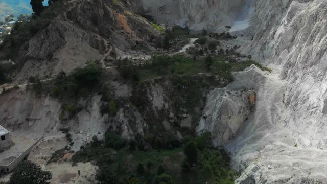 Aerial View Panning Over Valley Among White Rocky Cliff Faces