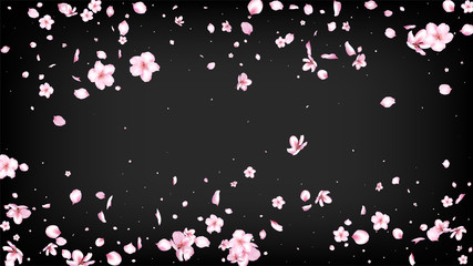 Nice Sakura Blossom Isolated Vector. Tender Falling 3d Petals Wedding Pattern. Japanese Gradient Flowers Wallpaper. Valentine, Mother's Day Watercolor Nice Sakura Blossom Isolated on Black