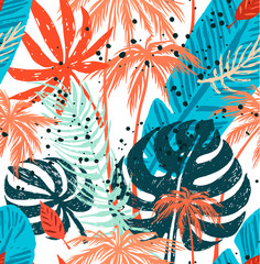Seamless trendy pattern with blue red exotic palm leaves on a white background. Vector botanical illustration, design element for fabric, wrapping paper, cards, banners, flyers, and another