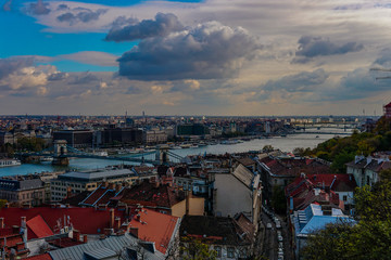 Aerial view of Budapest parliament andt the Danube river at autumn sunny day, Hungary