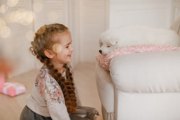 Child girl is holding puppy on her hands near pink the gift boxes