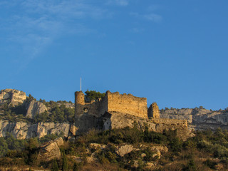 Fototapeta na wymiar Fontaine de Vaucluse: the remains of the 14th-century castle, town in Provence France