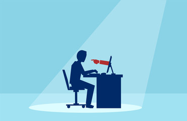 Vector of a business man working on computer with hand finger pointing at him - obrazy, fototapety, plakaty