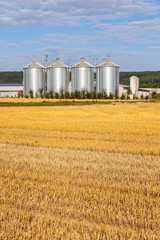 four silver silos in the field after the harvest © travelview