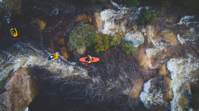 Aerial Image Of A White Water Kayaker On A Mountain River In Flood After Good Winter Rains In South Africa