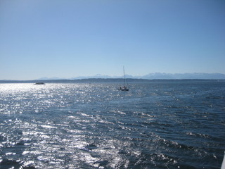 Sea and landscape with snowy mountains