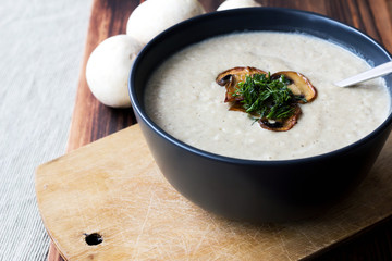 Mushroom cream soup in bowl.