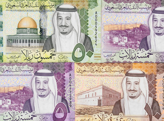 Various Saudi Arabia riyals. Saudi Arabian money currency notes.