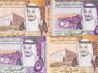 Saudi Arabia riyal (2016) background. Saudi Arabian money currency notes. Saudi Arabia economy..
