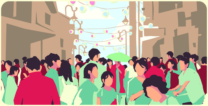 Illustration of crowded Asian street at Chinese New Year in color