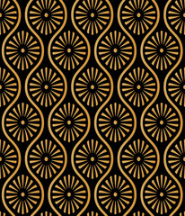 Japanese style golden seamless pattern background image oval curve cross frame daisy flower