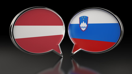 Latvia and Slovenia flags with Speech Bubbles. 3D illustration