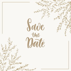 Obraz premium Luxury wedding invitation card with brunches frame and place for text. Vector illustration.Calligraphy inscription Save the date.