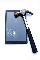 Shattered Broken iPad Tablet Screen With Hammer On White Background