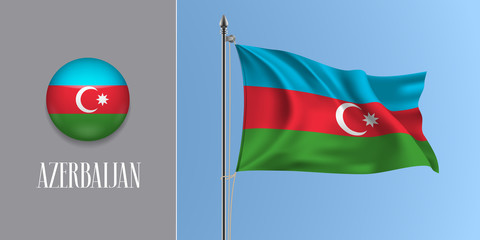 Azerbaijan waving flag on flagpole and round icon vector illustration