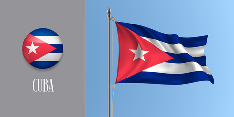 Cuba waving flag on flagpole and round icon vector illustration.