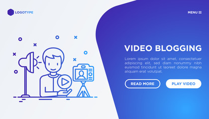 Video blogging web page template: blogger films video on camera on tripod and using lighting. Modern vector illustration.