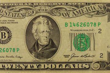 Macro shot of twenty dollar bill