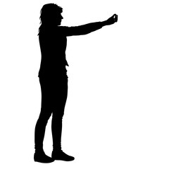 Silhouettes woman taking selfie with smartphone on white background