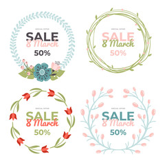 Set of lovely hand-drawn 8 March Sale banners. Holiday vector illustrations with colorful spring flowers, leaves and berries. Great for a sell-out, banner, website, flyer, postcard or print.