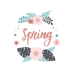 Lovely hand-drawn Spring banner. Vector illustration with pink flowers and leaves. Great for banner, website, flyer, postcard or print.