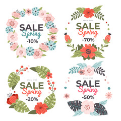 Set of delicate hand-drawn Spring Sale banners. Vector illustration with colorful spring flowers, leaves and berries. Great for a sell-out, banner, website, flyer, postcard or print.