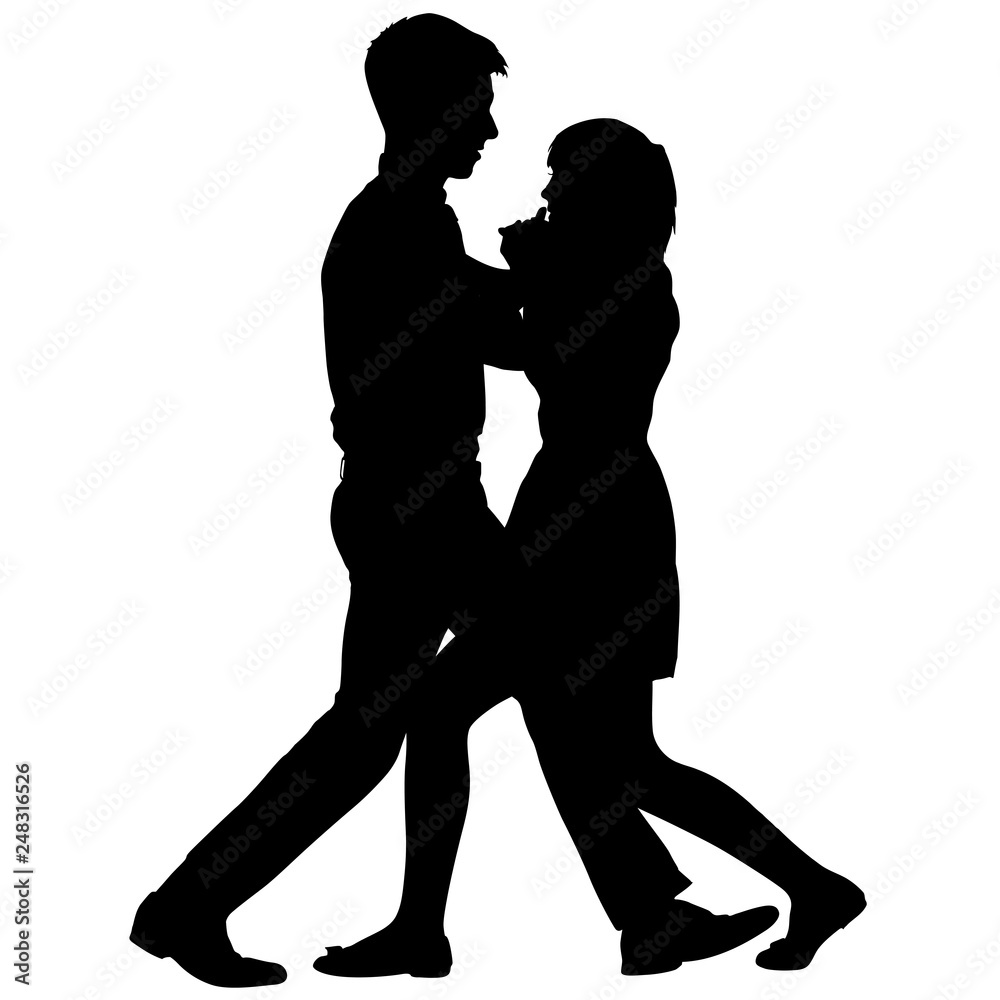 Wall mural Black silhouettes dancing man and woman on white background