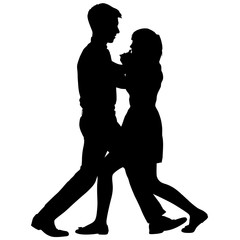 Black silhouettes dancing man and woman on white background