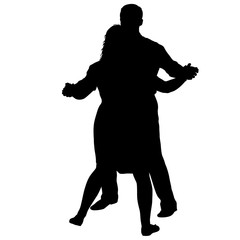 Black silhouettes dancing man and woman on white background