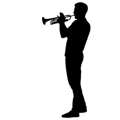 Silhouette of musician playing the trumpet on a white background