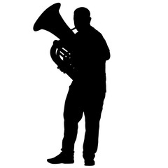 Silhouette of musician playing the tuba on a white background - obrazy, fototapety, plakaty