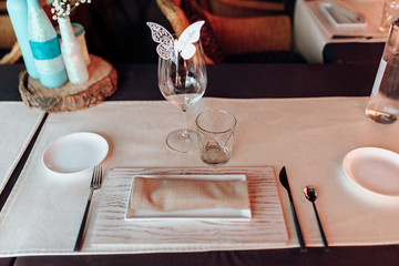 Salou, Spain - June 2018: Retro empty vintage style wooden chairs for events and weddings