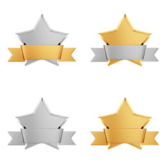 Set of gold stars awards with shiny ribbon with space for your text. Gold, Silver, silver-gold and gold-silver variants