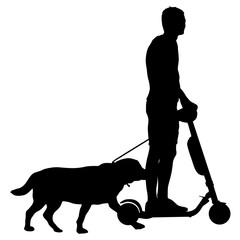 Silhouette of man on a scooter and dog on a white background