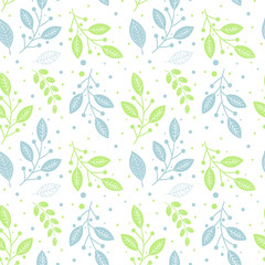 Seamless pattern of green and blue leaves..Seamless pattern included in swatch panel.Vector background. Hand drawn