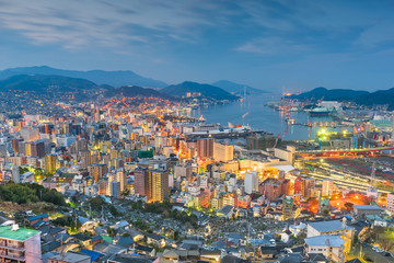Fototapeta na wymiar Nagasaki, Japan downtown skyline over the bay