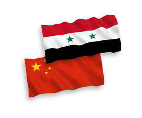 National vector fabric wave flags of Syria and China isolated on white background 1 to 2 proportion.