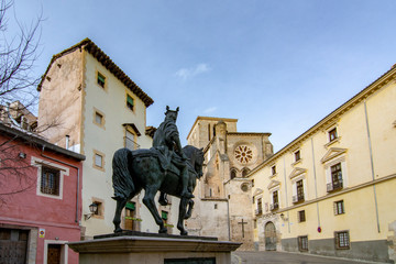 Statue of a horseman in the historic center of Cuenca, Spain