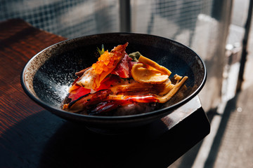 KAISENDON, Mix Sashimi in 1 bowl with Japanese Rices. Sashimi is fresh fish such as, Salmon, shrimp, Salmon eggs, Tuna, eel.