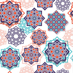 Naklejka premium Festival graphic of islamic geometric art. Seamless pattern decoration in colors. Eid Mubarak celebration.