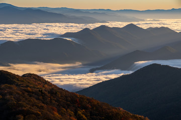 Foggy morning sunrise over unicoi mountains in North Carolina