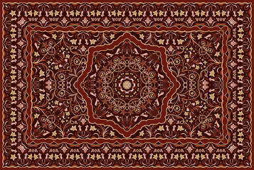 Vintage Arabic pattern. Persian colored carpet. Rich ornament for fabric design, handmade, interior decoration, textiles. Red background.
