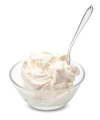 Traditional Mascarpone cheese in glass bowl isolated on white with clipping path