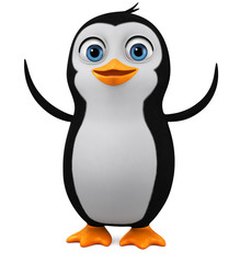 Cartoon penguin character with raised wings on a white background. Greeting. 3d rendering illustration.