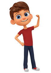Cartoon character boy shows muscles on a white background. 3d rendering illustration.