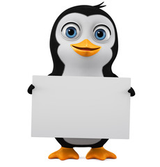 Cartoon penguin character with empty board on white background. 3d rendering illustration.