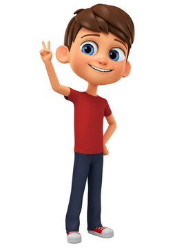 Cartoon character boy showing the peace of the world. 3d rendering illustration.