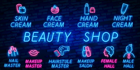 Collection neon signs vector. Cream, Beauty Shop, Beauty salon Logotype, Emblem in Modern Trend Design, Vector Template, Light Banner, Night Bright Promotion, Design Element. Vector Illustration